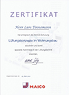 Zertifikat über die erfolgreiche Teilnahme an der MAICO-Schulung Lüftungskonzepte im Wohnungsbau